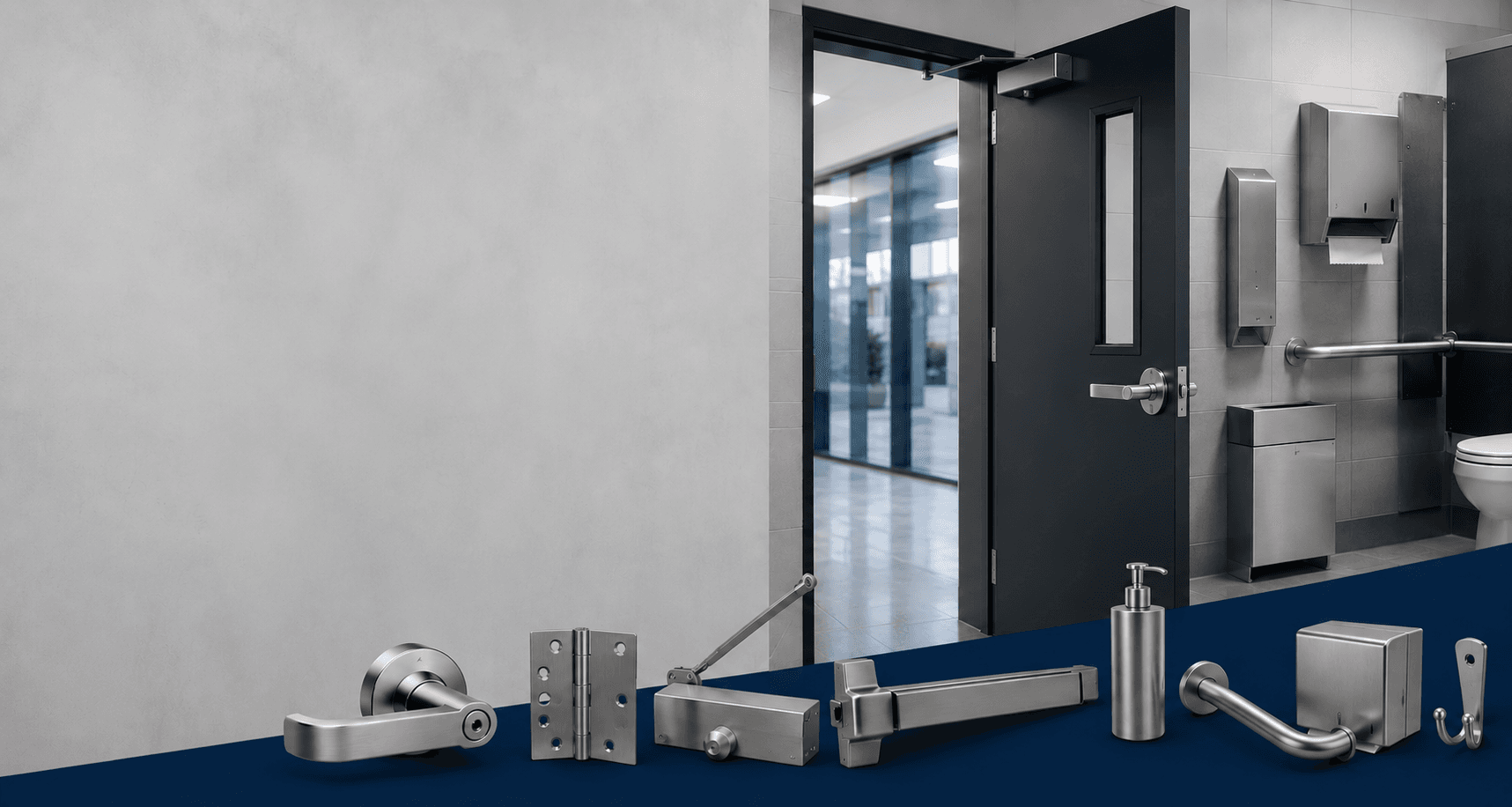 Commercial door hardware and restroom accessories